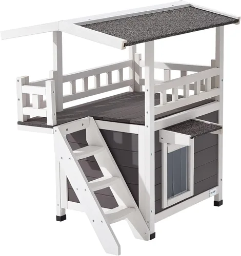 Vista 9 de VEVOR Casa para gatos al aire libre, refugio de madera para gatos de 2 pisos con escaleras y balcón, refugio elevado para gatitos, habitación