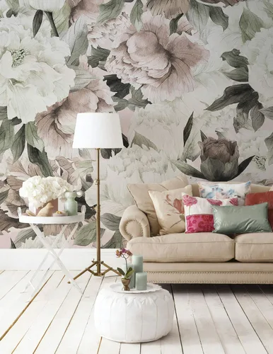 Vista 2 de Murwall Papel Pintado Floral, Peonías Flores Acuarela Murales de Pared