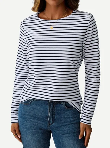 Vista 5 de LilyCoco Camisa de manga larga a rayas para mujer, cuello barco, camiseta de ajuste holgado Breton