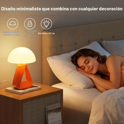 Vista 2 de Lámpara de hongo, pequeña lámpara de mesa para dormitorio, lámpara de noche creativa geométrica con base de cerámica, lámpara de mesa auxiliar