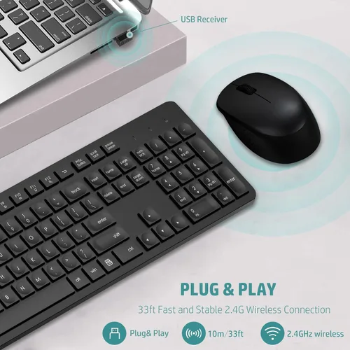 Vista 2 de LeadsaiL Combo de teclado y mouse inalámbricos, teclado ergonómico de tamaño completo para computadora, teclado inalámbrico de 2.4GHz, mouse