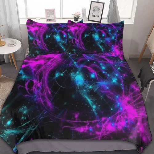 Vista 34 de Juego de 3 piezas de edredón neón que brilla en la oscuridad, funda de almohada de microfibra con cremallera para cama matrimonial, Queen