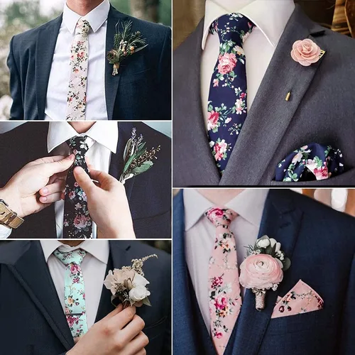 Vista 2 de SUNOVELTIES Corbatas de algodón con estampado floral delgado para novio, padrinos de boda, accesorios de disfraz de boda