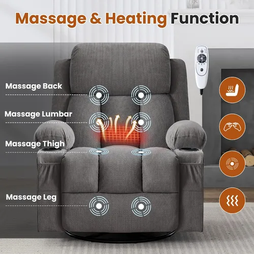 Vista 4 de Swivel Rocker Recliner Chair with Vibration Massage and Heat, Grey Fabric - 8 Massage Points, 2 Cup Holders, USB Port
