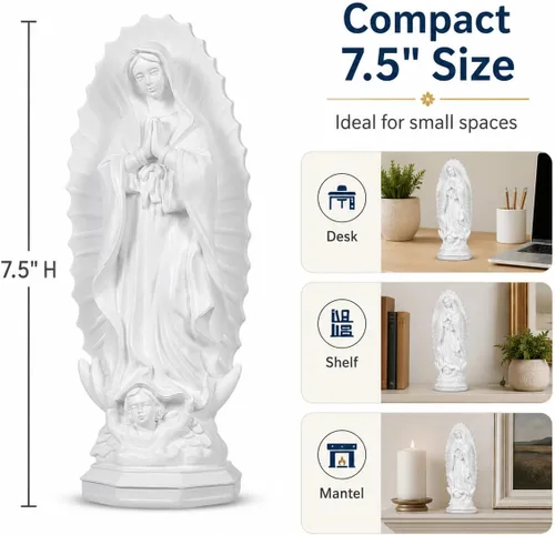 Vista 5 de DECHOUS Estatua de la Señora de Guadalupe blanca – 7.5 pulgadas de alto, figura religiosa de resina de Guadalupe para oficina en casa, estatua