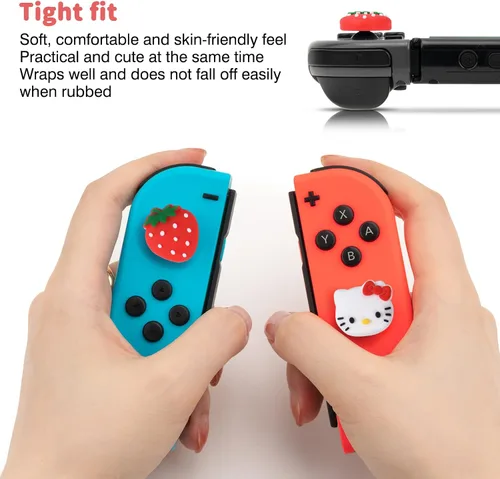 Vista 6 de DLseego Strawberry & Cat - 4 tapas de agarre para el pulgar para interruptor regular, interruptor LiteSwitch OLED Joy Con Joystick de silicona