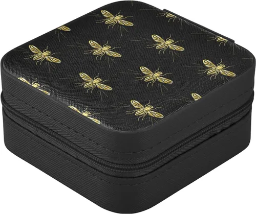 Vista 3 de susiyo Mini joyero de viaje de abeja dorada bordada, portátil, de piel sintética, organizador de almacenamiento, collares, aretes, anillos