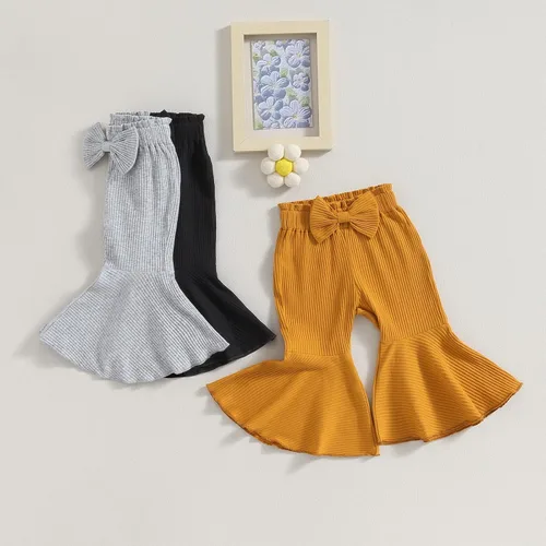 Vista 8 de TINXIEA Paquete de 3 pantalones acampanados para niñas pequeñas, pantalones acanalados sueltos con lazo, pantalones acampanados, paquete de 3