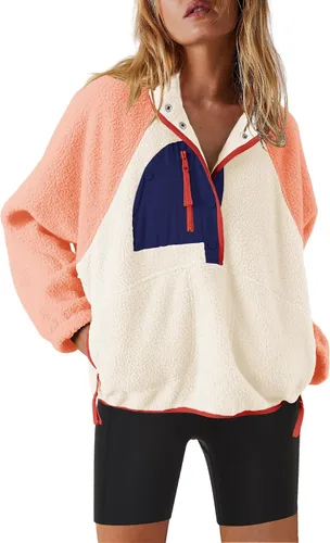 Vista 20 de Nirovien - Chaqueta de forro polar con capucha para mujer, manga larga, sherpa, sudadera mullida, abrigada, con botones y bolsillos Un rosa