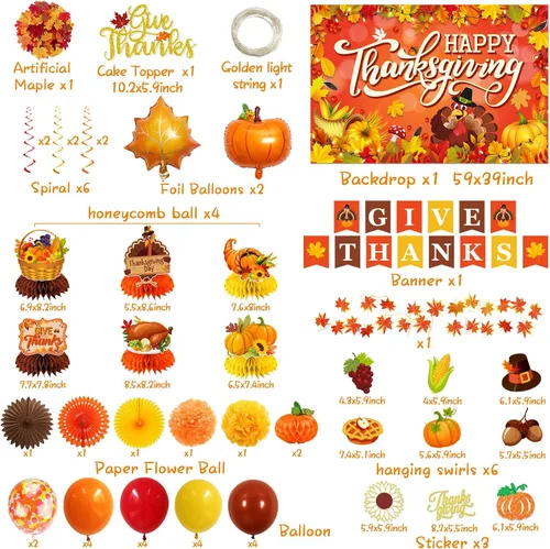 Vista 3 de Decoraciones de Acción de Gracias para fiestas, pancarta de Acción de Gracias, telón de fondo naranja y espirales colgantes, centros de mesa