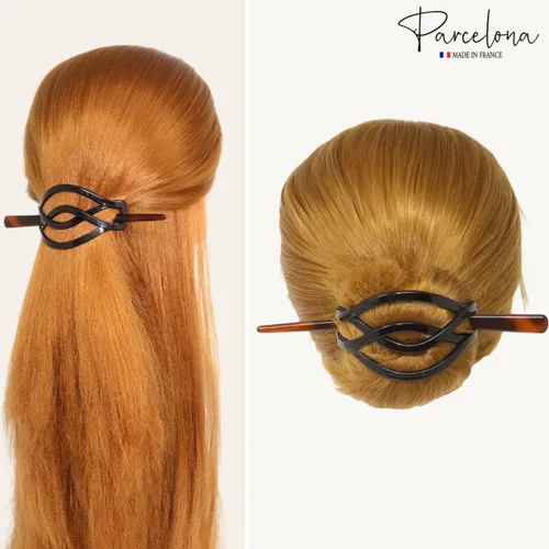 Vista 5 de Parcelona French Twist Tortoise Shell Brown Chignon Cola de caballo titular de pelo deslizante Pin Thru Hair Barrette con palo para mujeres y niñas