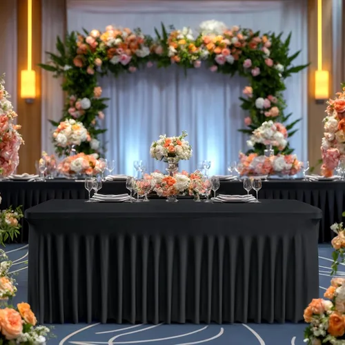 Vista 2 de Besutolife - Faldas de mesa de elastano negro para mesas rectangulares de 4 pies, diseño de una pieza, mantel para fiestas de cumpleaños, bodas