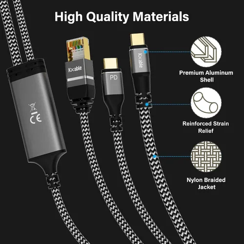 Vista 5 de Cable USB C a Ethernet de 6 pies, cable tipo C a RJ45 con USB-C macho de 100 W PD carga rápida (PD junto al puerto USB-C), Ethernet y carga dos