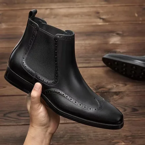Vista 4 de FRASOICUS Botas Chelsea para hombre, botas de vestir de cuero genuino para hombre
