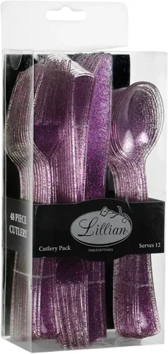 Vista 2 de Caja combinada de cubiertos de plástico Purpurina de oro rosa Paquete de 48