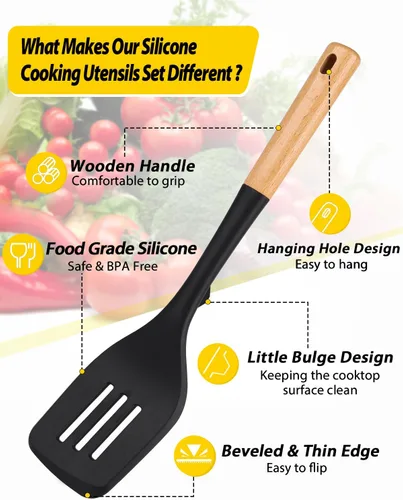 Vista 2 de Juego de 4 utensilios de cocina de silicona, espátulas sólidas antiadherentes y cucharas ranuradas resistentes al calor con mango de madera
