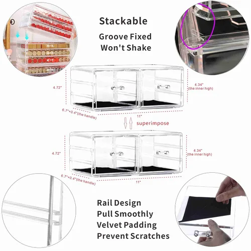 Vista 3 de Paquete de 2 cajones apilables de acrílico para encimera de baño, organizador transparente para cosméticos, organizador de joyas, accesorios