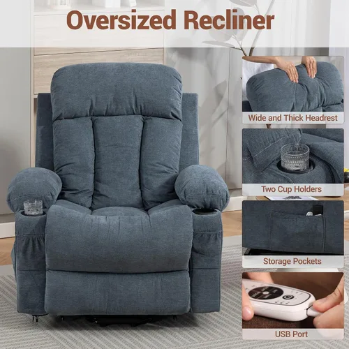 Vista 5 de Silla reclinable eléctrica para personas mayores con masaje por vibración y calor lumbar, silla elevadora para adultos con soporte para tazas