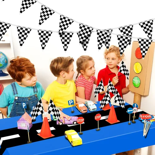 Vista 7 de Irenare 3 hojas de suministros para fiesta de cumpleaños de automóvil, decoraciones de fiesta de carreras, mantel de camino de mesa de carreras, Azul