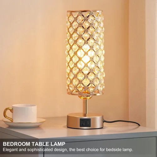 Vista 6 de Lámpara de mesa de cristal, lámpara dorada para dormitorio con puertos de carga USB-C y USB-A, luz regulable de 3 vías con pantalla de cristal