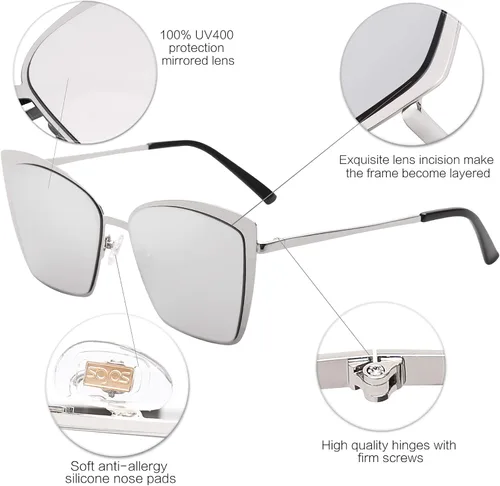 Vista 3 de SOJOS Cateye SJ1086 - Gafas de sol para mujer, montura de metal con lentes espejadas a la moda