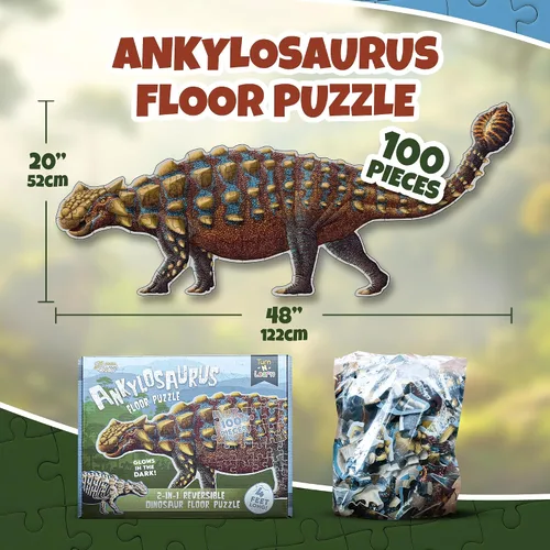 Vista 4 de Ankylosaurus - Rompecabezas de dinosaurio Rompecabezas de piso de doble cara de 100 piezas con esqueleto que brilla en la oscuridad en el otro