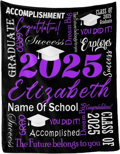 Vista 17 de MyPupSocks Manta personalizada de graduación 2025, clase de con nombre de la universidad, regalos personalizados, manta con texto para sobrina
