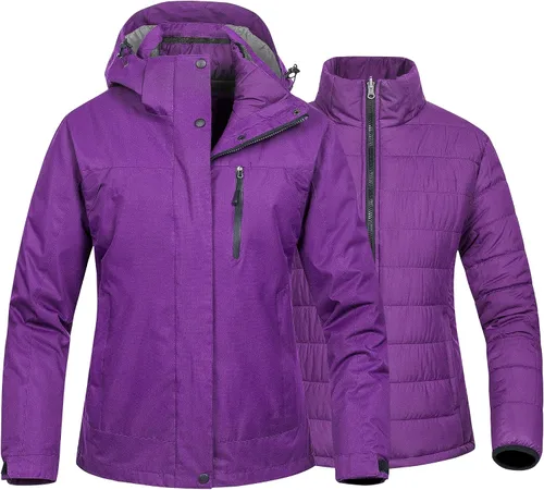 Vista 12 de CREATMO US Chaqueta de esquí impermeable 3 en 1 para mujer, resistente al viento, chaqueta de snowboard cálida para invierno