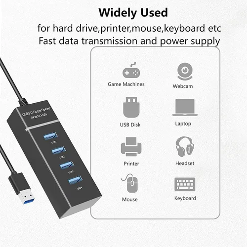 Vista 6 de USB 3.0 4-Port Hub Data 5Gbps Splitter USB Extender con indicador LED y cable extendido 9.8in/25cm para PC Flash Drive Laptop Impresora HDD móvil