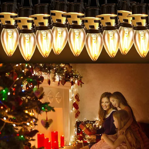 Vista 6 de Meonum Cable de accesorios con 9 bombillas LED, cable de luces de aldea de Navidad C7 de 16.4 pies con clip, luces de molde de soplado para luces