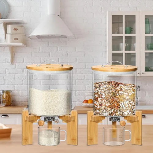 Vista 3 de Zhehao Dispensador de arroz de vidrio de 5 L, contenedor de almacenamiento de arroz, dispensador de cereales de harina, soporte con soporte