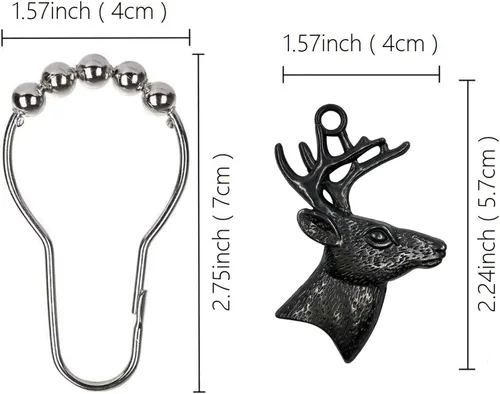 Vista 5 de Juego de 12 ganchos para cortina de ducha de ciervos, anillos rústicos para baño, decoración temática de Navidad, cuernos de reno, madera de ciervo