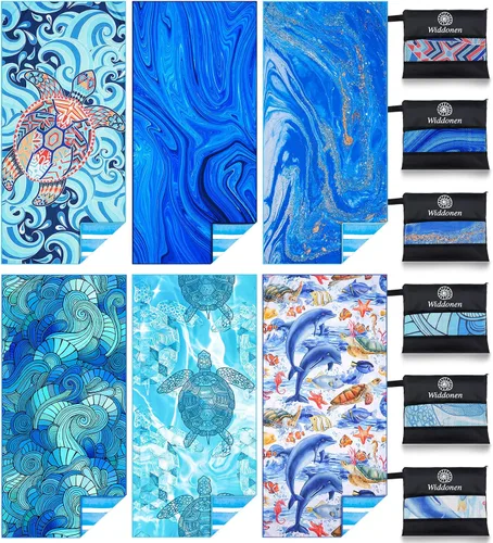 Vista 15 de Widdonen Toalla de playa de microfibra, compacta, paquete de 2 unidades, 71 x 32 pulgadas con bolsa de viaje Paquete de 2 Blue Peank Dream World