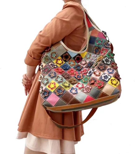 Vista 2 de Bolsos de cuero genuino para mujer, bolso de hombro de diseñador 3D floral hobo bolsas de mano bolso bandolera