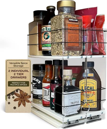 Vista 10 de Vertical Spice - Organizador de especias deslizante grande extraíble - 2 cajones individuales de 1 nivel - Soporte de condimentos con ruedas de alta