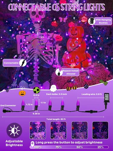 Vista 4 de Guirnalda de luces de Halloween conectables C6 de 250 LED, 82 pies, impermeable, luz morada para exteriores, luz parpadeante de hadas enchufable
