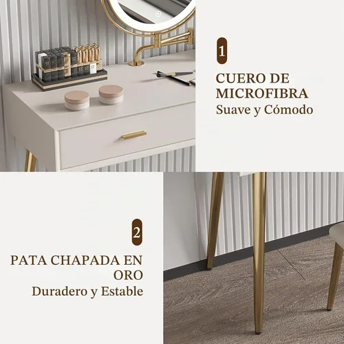 Vista 7 de Juego de escritorio con espejo giratorio de 360° y luces, pequeño tocador de maquillaje con cuero de microfibra, mesa de tocador con 2 cajones Beige