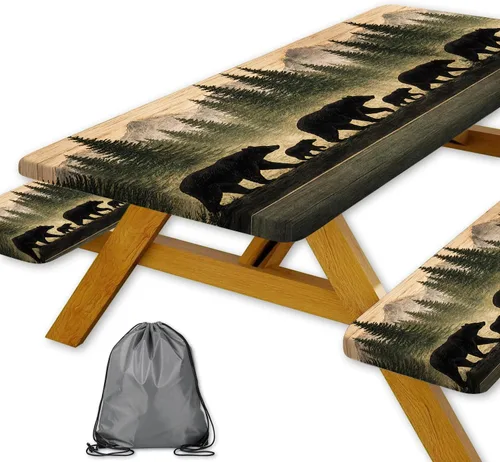 Vista 10 de Funda para Mesa de Picnic con Fundas para Bancos y Bolsa, Campista de Madera Impermeable Resistente al Viento, Cubierta de Mantel Ajustada con Borde
