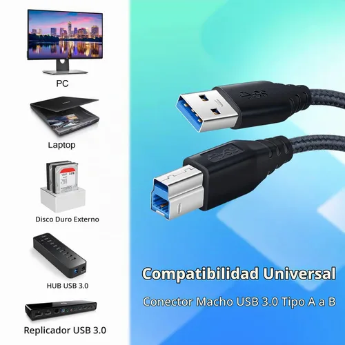 Vista 7 de OKRAY Cable USB 3.0 A a B, paquete de 2 cables de nailon trenzado tipo A macho a B macho de 6 pies para concentrador USB/controladores duros