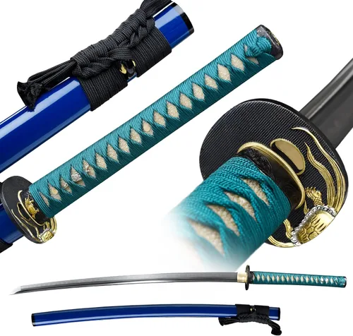 Vista 6 de Espada Katana real hecha a mano, espada samurái de espiga completa con hoja de acero de alto carbono, borde de corte afilado, mango y funda de Azul