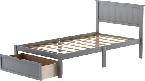 Vista 7 de P PURLOVE Base de cama de tamaño individual con cajón de almacenamiento, marco de cama de plataforma de madera con cabecera y listones para niños