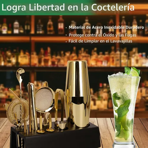 Vista 6 de Juego de coctelera dorada de 15 piezas con soporte de bambú Stainless Steel Bar Set Accessories, Professional Bartending Kit Home Bar Tools Set
