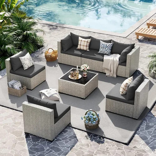 Vista 6 de UDPATIO Juego de muebles de patio al aire libre, sofá seccional modular de 7 piezas con mesa de té, juego de conversación al aire libre de mimbre PE