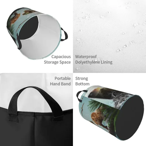 Vista 4 de Cesta de lavandería de dinosaurio 3D con asa duradera, impermeable, plegable, cesta de almacenamiento de ropa sucia circular para baño, dormitorio