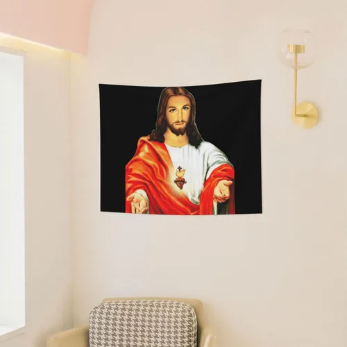 Vista 3 de Tapiz de corazón sagrado de Jesús para colgar en la pared de la sala de estar, decoración de pared de tapices