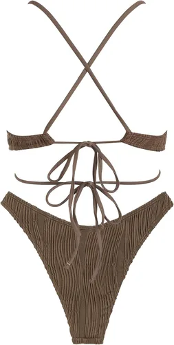 Vista 2 de ZAFUL Bikini de dos piezas para mujer con textura cruzada de metal de pierna alta