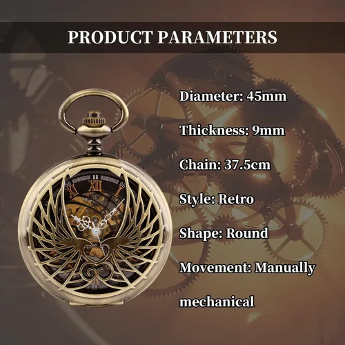 Vista 6 de Bronze Men's Antique Mechanical Pocket Watch, Skeleton Mechanical Roman Numerals Pocket Watch with Chain + Box