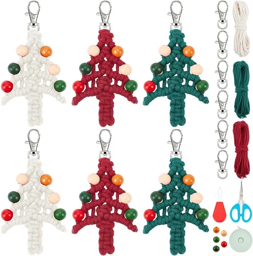 Vista 8 de INFUNLY Juego de 3 llaveros de macramé para bricolaje, llaveros de macramé de ángel, dijes de bolsa de macramé de Navidad con video de instrucciones