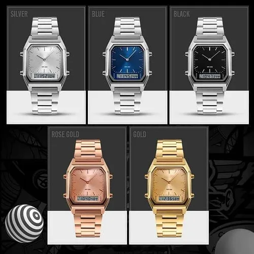 Vista 5 de Gosasa Reloj de pulsera cuadrado multifunción con doble pantalla de acero inoxidable y correa analógica