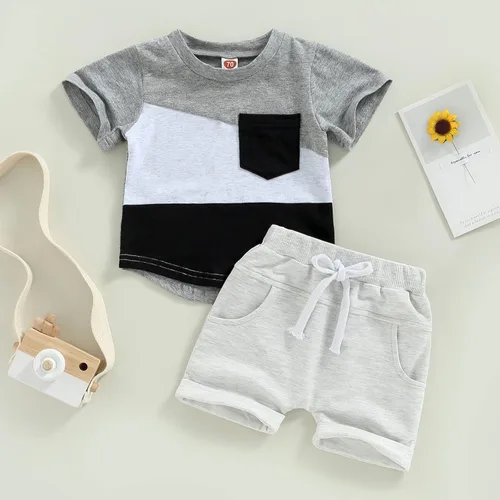 Vista 3 de Karesoull Conjunto de ropa de verano para bebé y niña, unisex, con diseño de gofre, color liso, manga corta, con bolsillo, 2